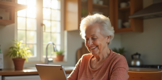 Senioreuse souriante utilisant une tablette à la cuisine