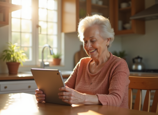 Senioreuse souriante utilisant une tablette à la cuisine
