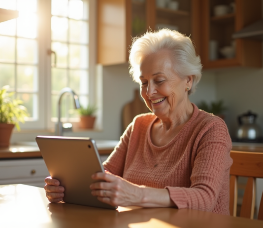 Comment Netsoins peut faciliter le quotidien des seniors ? Senioreuse souriante utilisant une tablette à la cuisine