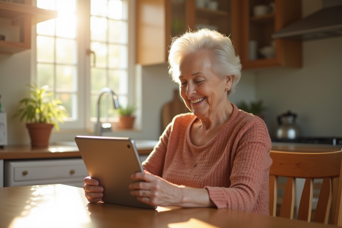 Senioreuse souriante utilisant une tablette à la cuisine