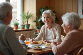 Seniors partageant un repas dans une résidence sénior moderne avec une atmosphère conviviale et chaleureuse