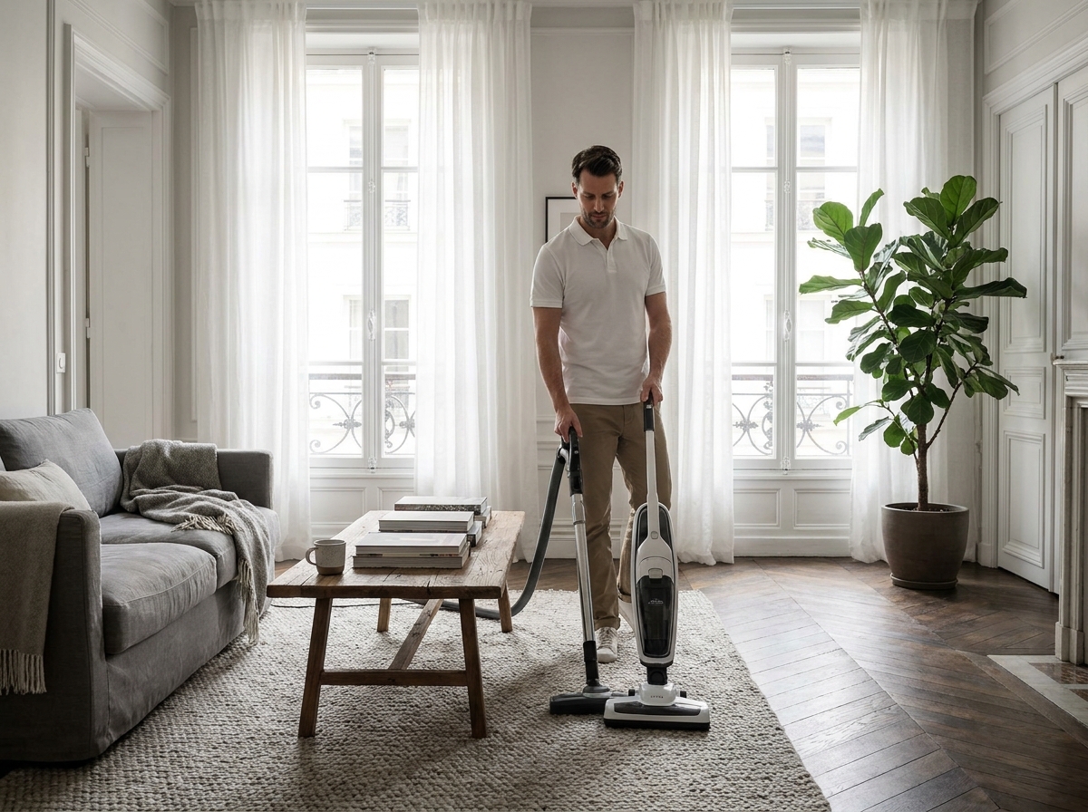 Prestataire de ménage à domicile passant l'aspirateur dans un salon de style haussmannien à Levallois-Perret