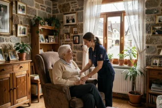 Une aide à domicile professionnelle assiste une femme âgée dans un intérieur alsacien typique, illustrant les services d'aide à domicile dans le Grand Est