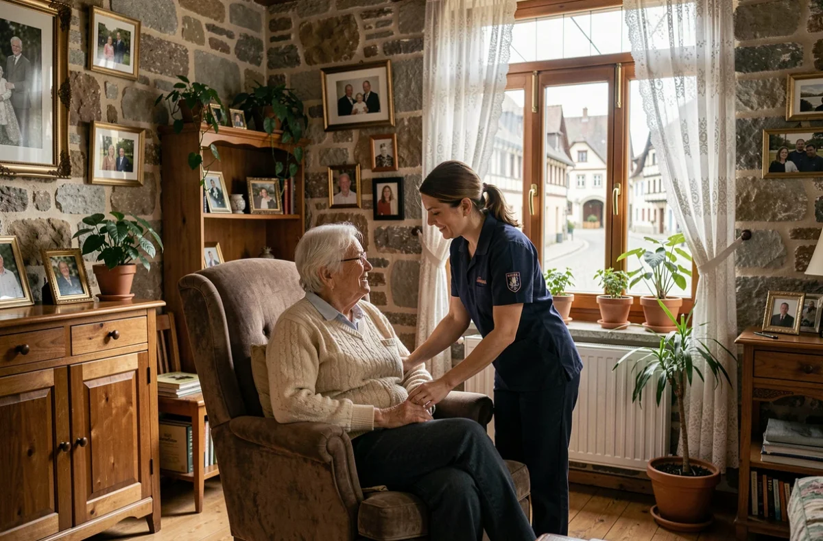 Une aide à domicile professionnelle assiste une femme âgée dans un intérieur alsacien typique, illustrant les services d'aide à domicile dans le Grand Est