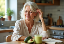 Comment hydrater naturellement les cheveux blancs avec des produits maison Femme souriante appliquant un masque avocat cheveux