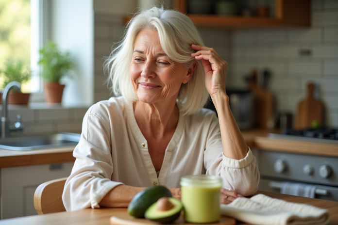 soeur-massage-masque-avocat Femme souriante appliquant un masque avocat cheveux