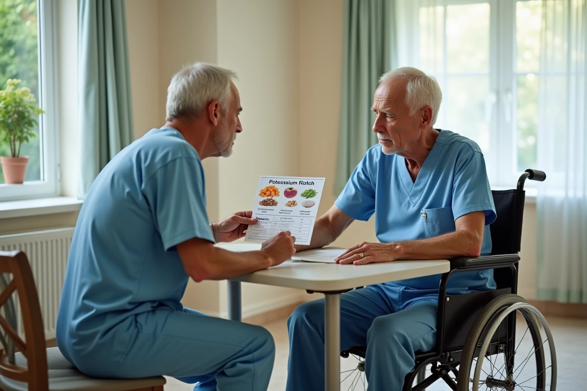 Soignant en maison de retraite expliquant un régime riche en potassium à un résident âgé en fauteuil roulant