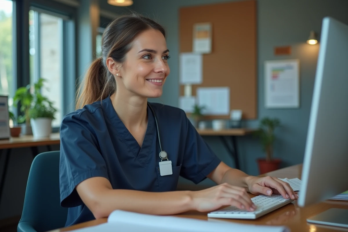 Infirmière vérifiant un tableau numérique dans un bureau