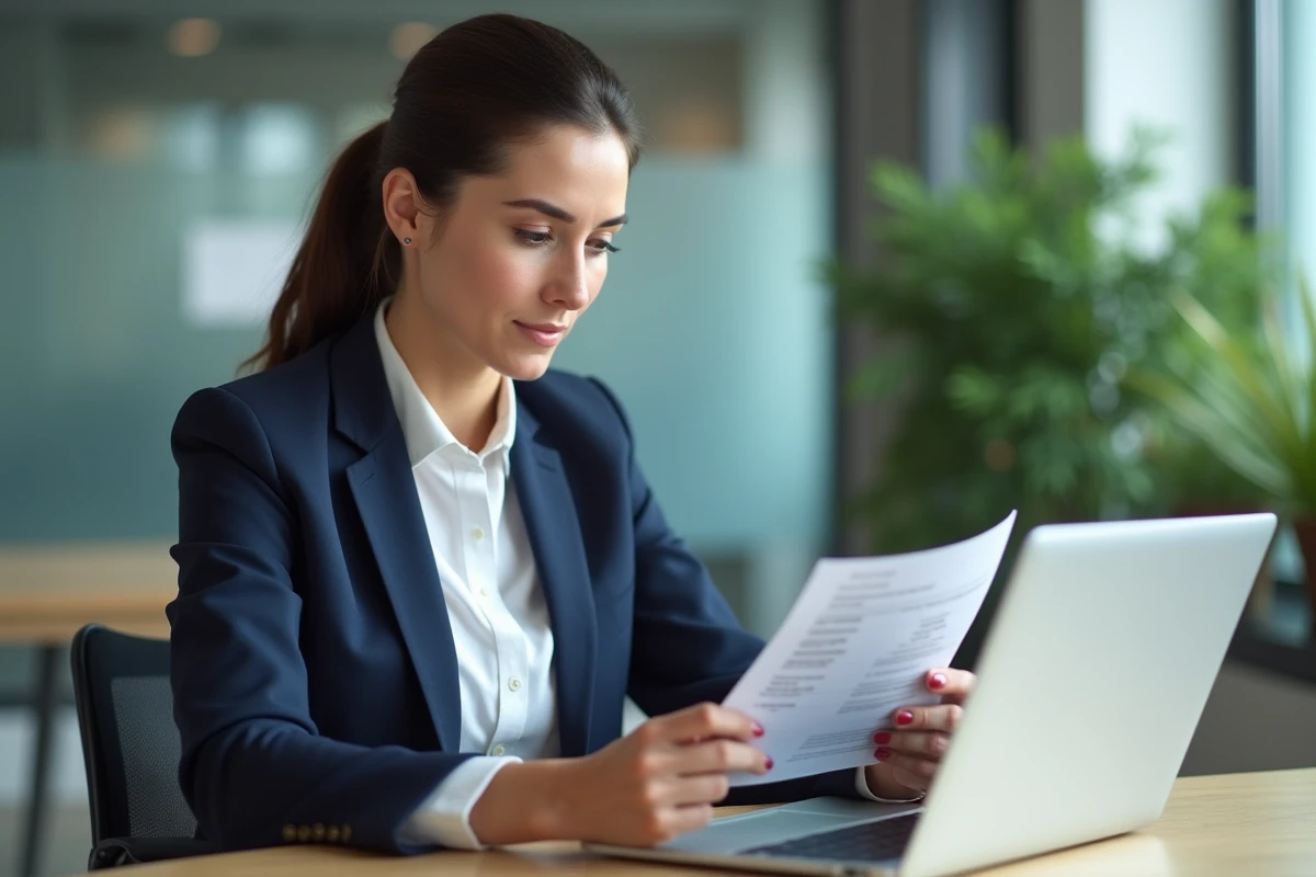 Femme professionnelle consultant des relevés bancaires sur un ordinateur portable avec des justificatifs de dépenses dans un bureau moderne