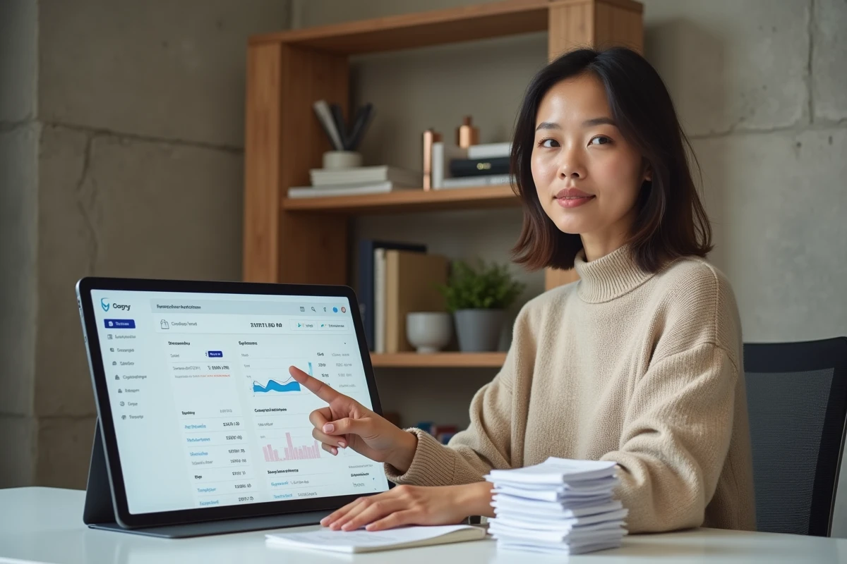 Jeune professionnelle consultant un tableau de bord de dépenses sur tablette avec des justificatifs triés dans un espace de coworking
