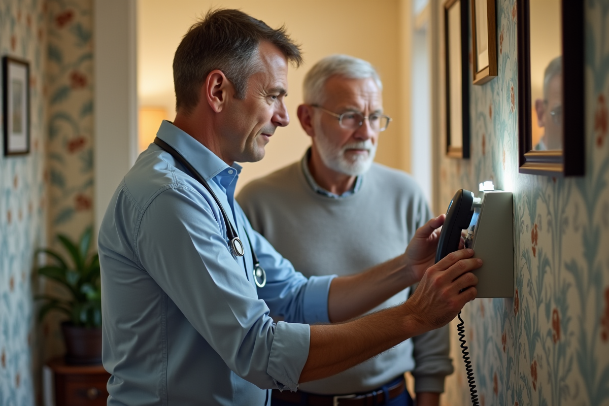Technicien en train d installer un dispositif de teleassistance