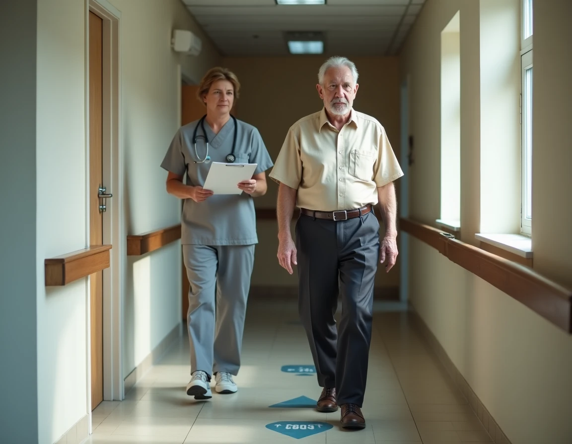 Évaluation de la marche d'un patient âgé dans un couloir de maison de retraite lors du test de Tinetti