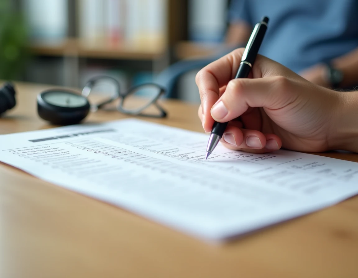 Professionnel de santé remplissant une grille d'évaluation du test de Tinetti sur un bureau clinique