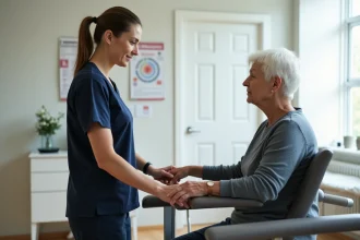 Physiothérapeute accompagnant une patiente âgée lors du test de Tinetti en salle de rééducation