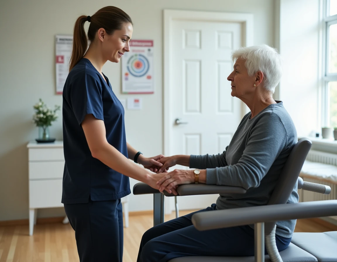 Physiothérapeute accompagnant une patiente âgée lors du test de Tinetti en salle de rééducation