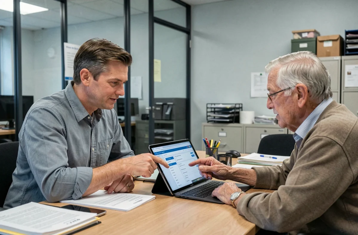 Un travailleur social accompagne une personne âgée dans l'utilisation du portail numérique Mon Proxima fr pour une démarche de mesure de protection juridique