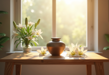 Urne moderne sur une table en bois avec lys blancs et lumière douce