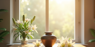 Urne moderne sur une table en bois avec lys blancs et lumière douce