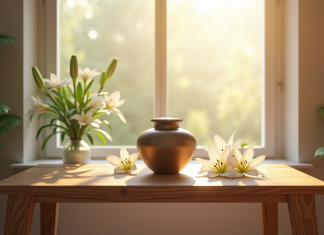 Coût de la crémation : des chiffres qui éclairent Urne moderne sur une table en bois avec lys blancs et lumière douce