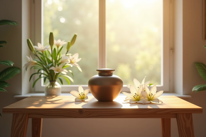 Urne moderne sur une table en bois avec lys blancs et lumière douce