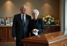 Prix enterrer : Quel est le coût total d’un enterrement ? Veuve et homme devant un cercueil dans une salle funéraire