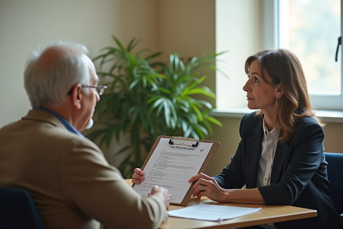 Une assistante sociale évalue un homme âgé lors d'une visite d'évaluation GIR, en notant les informations sur un formulaire officiel