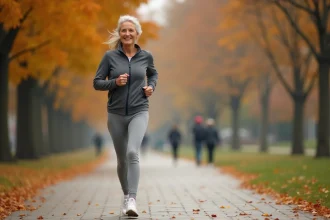 Femme de 58 ans marchant d'un pas vif dans un parc urbain en automne, illustrant la vitesse de marche recommandée après 50 ans