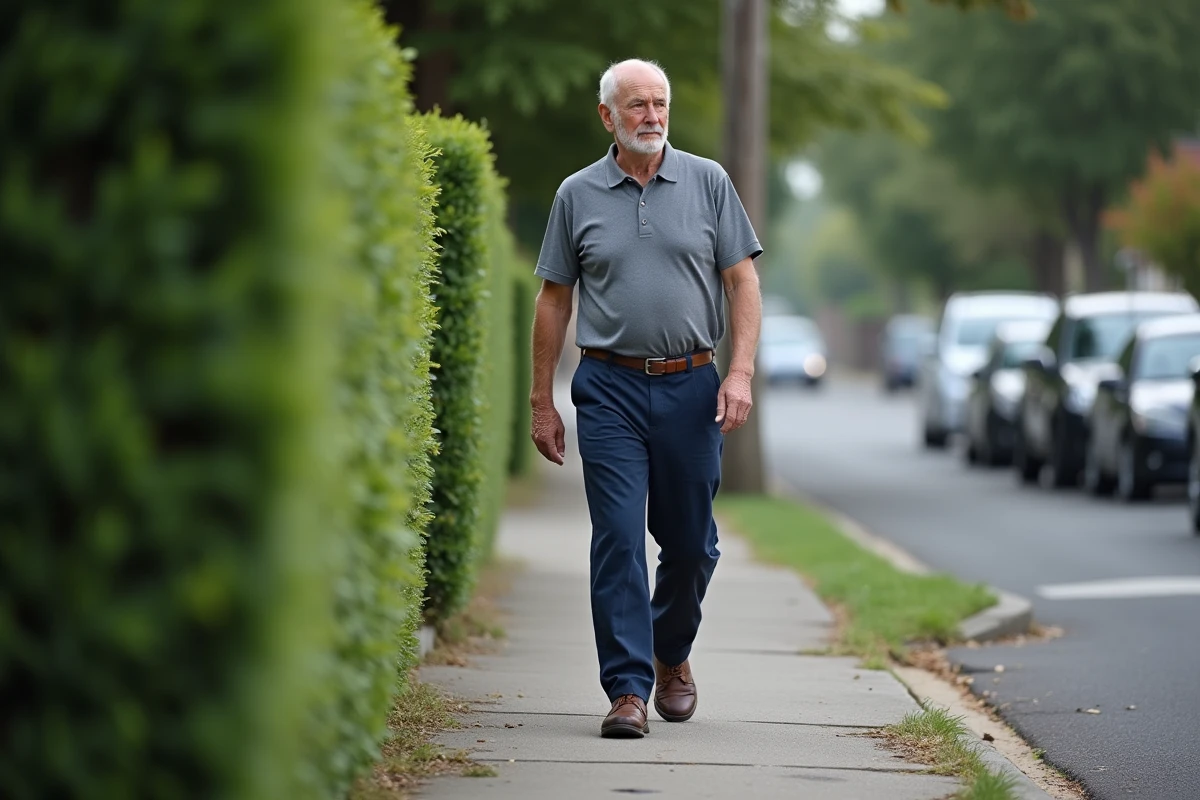 Homme de 62 ans marchant calmement sur un trottoir de quartier résidentiel, évoquant les seuils de vitesse de marche santé après 60 ans